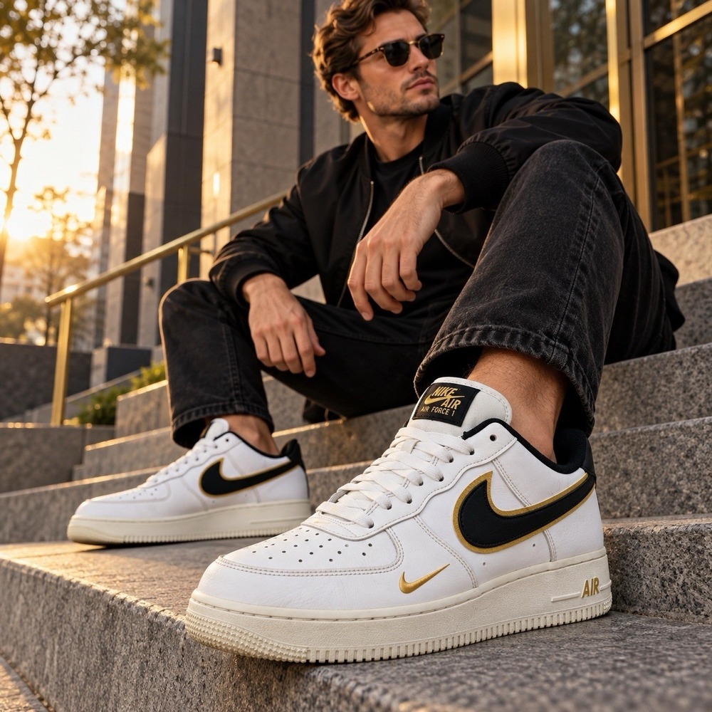 Nike Air Force 1 07 LV8 Mens 11 White Black Metallic Gold DA8481-100 Swoosh Pack